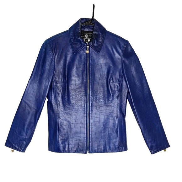 St John Sport Womens Sz XS Blue Alligator Skin Style Leather Zip Up Jacket - Picture 1 of 12